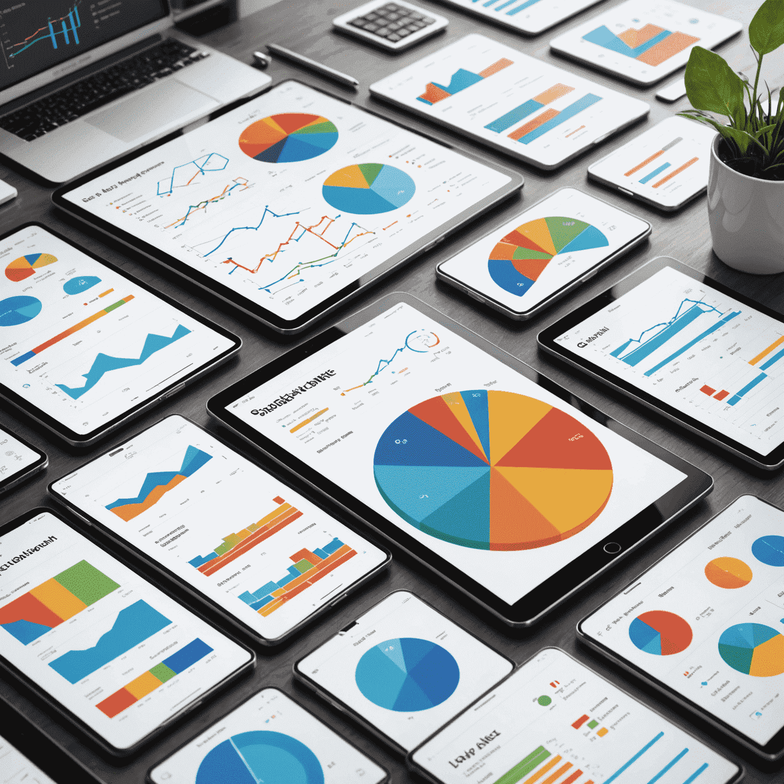 Data visualization dashboard showing various charts and graphs representing business analytics