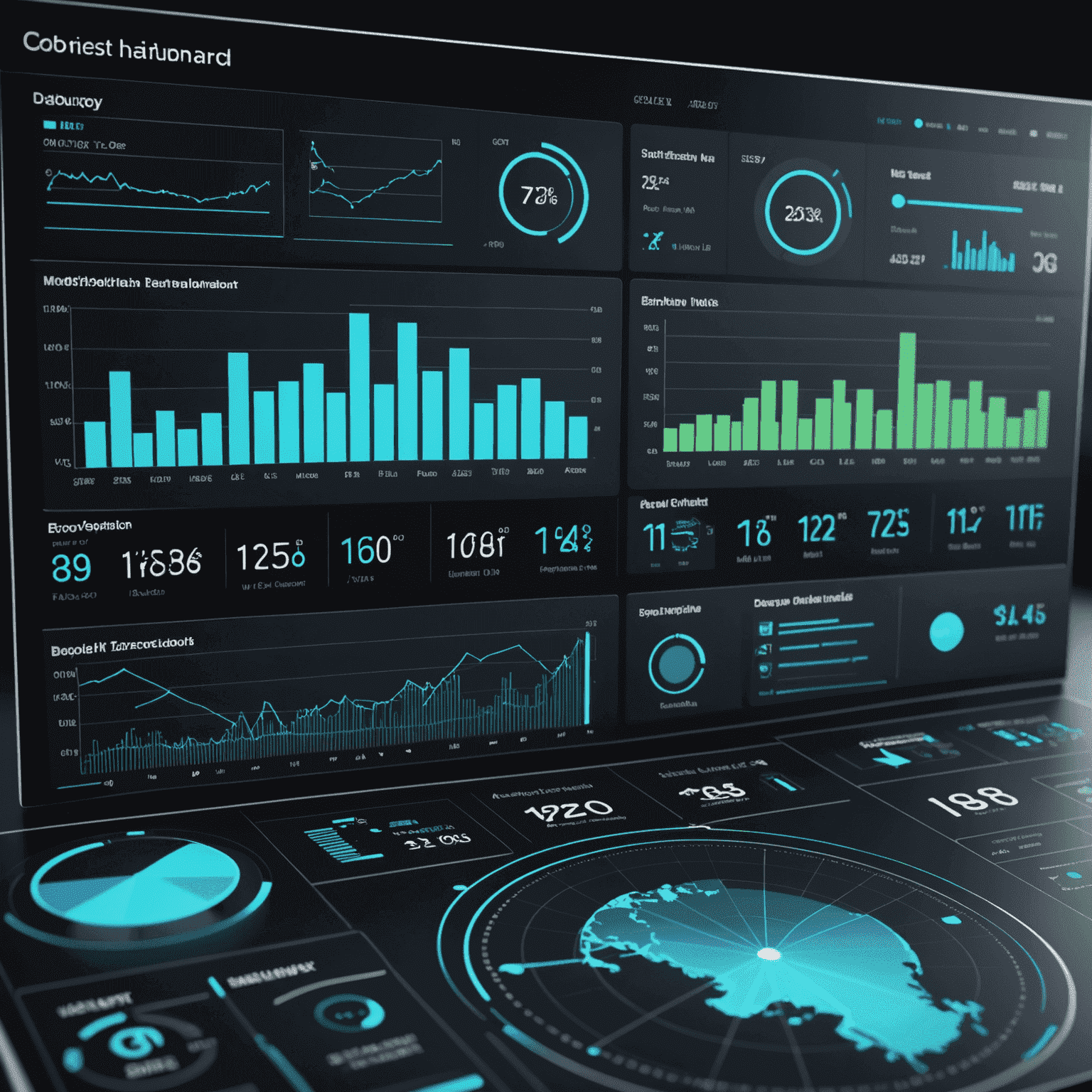 A futuristic data visualization dashboard showing multiple interactive charts, graphs, and 3D models representing complex business data