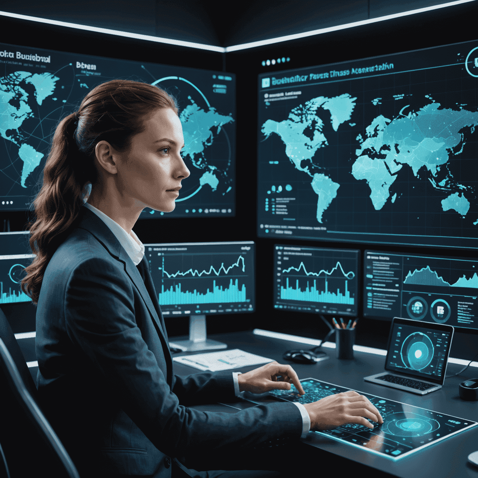 A futuristic dashboard displaying various AI-powered business analytics charts and graphs, with holographic projections of data points and a businessperson interacting with the interface