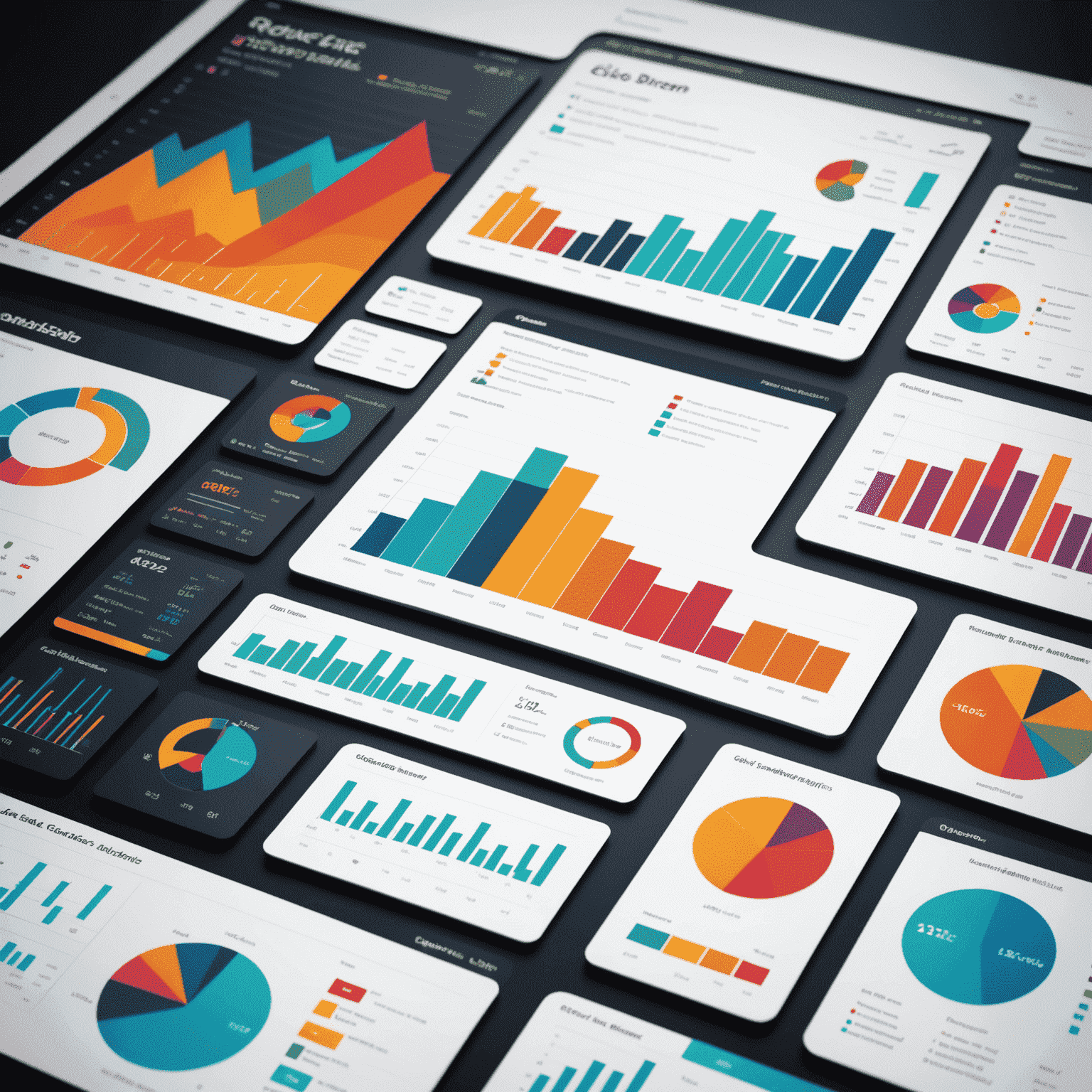 Interactive data visualization dashboard showing colorful charts and graphs representing complex business metrics