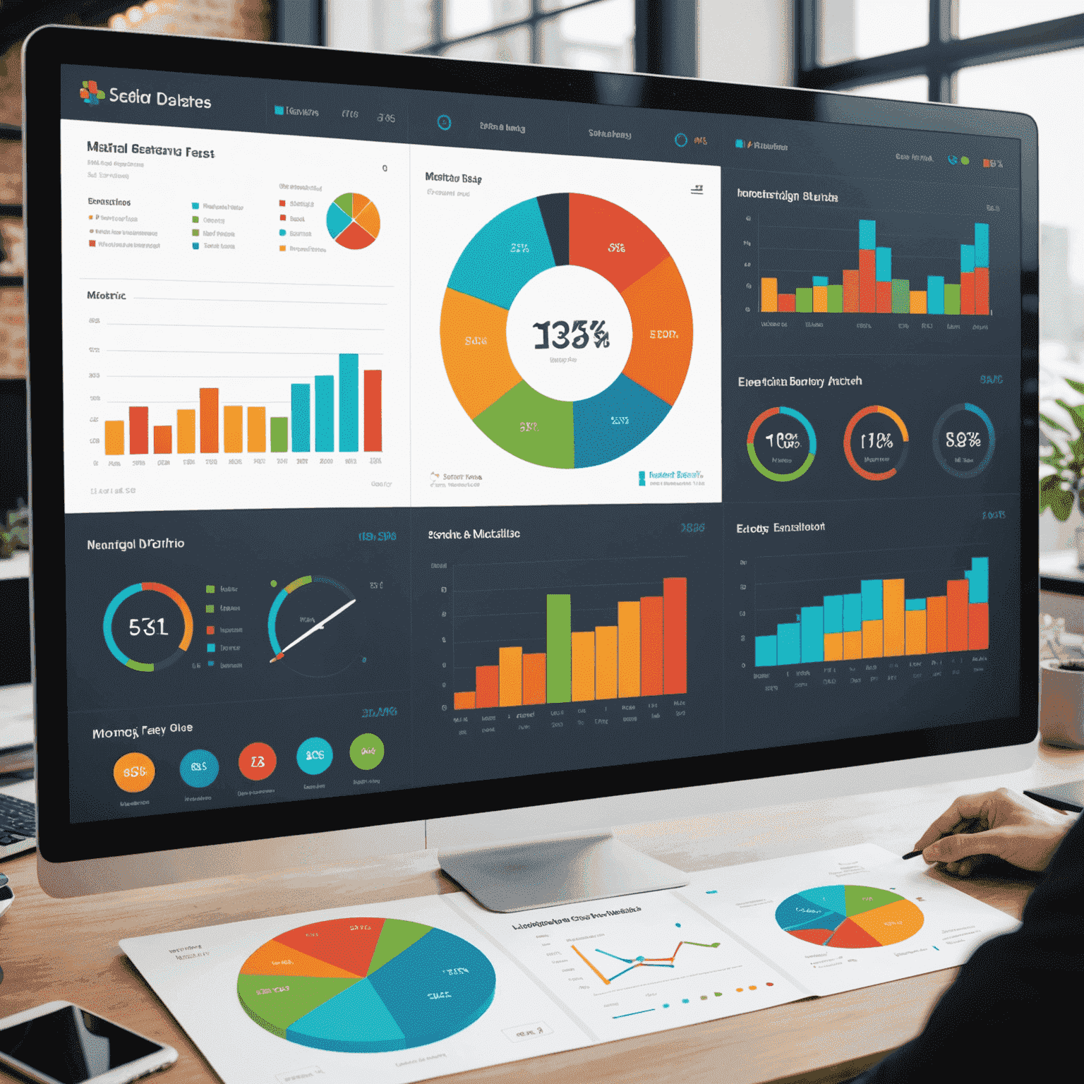 A modern, interactive dashboard displaying various business metrics with colorful charts, graphs, and data visualizations. The image showcases real-time data updates and user-friendly interface elements.