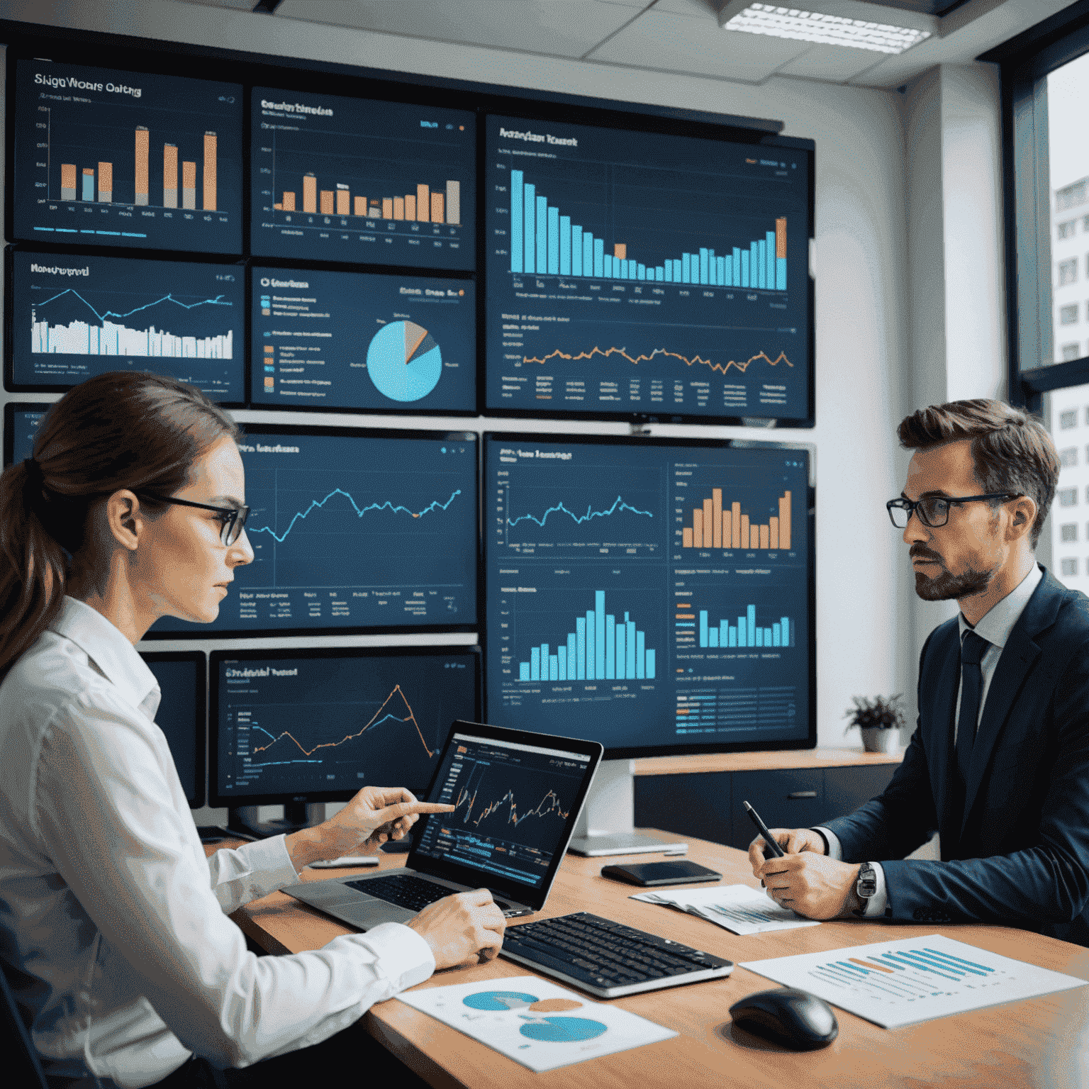 Business intelligence consultants analyzing data on large screens, pointing to charts and graphs. The image conveys a sense of collaboration and expertise in data analysis.