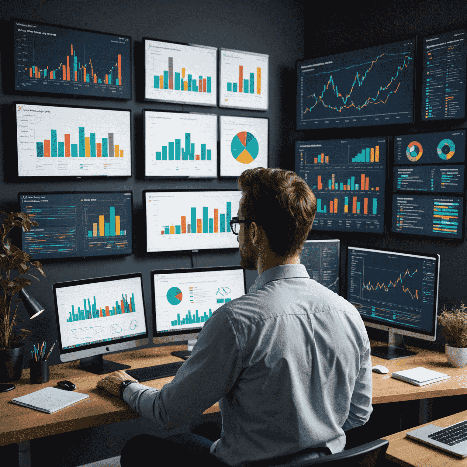 Data scientist analyzing complex patterns on multiple screens, visualizing intricate data relationships through colorful charts and graphs