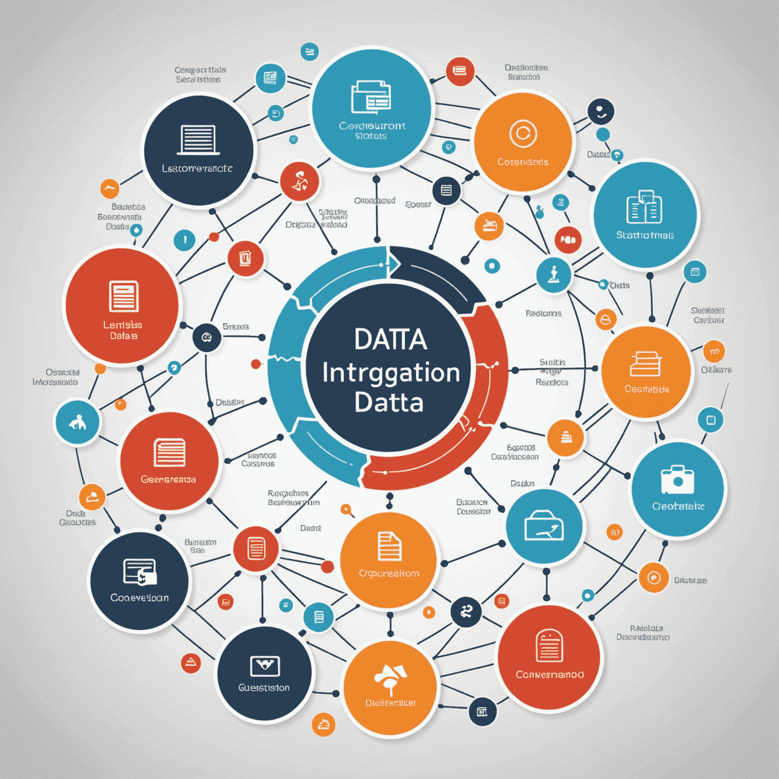 Data integration diagram showing multiple data sources converging into a centralized database, with clean, organized data flowing out to various business applications