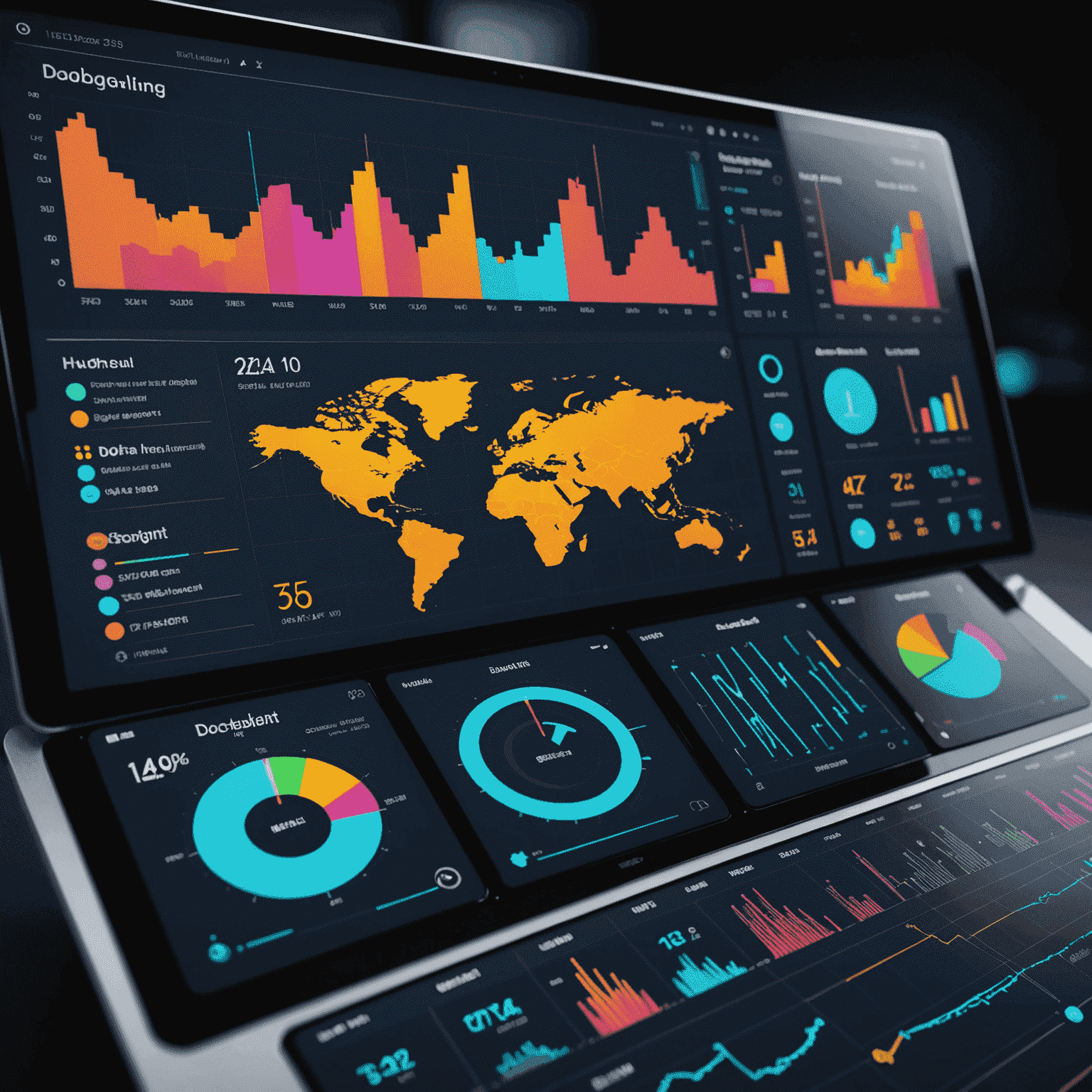 A futuristic dashboard displaying various colorful charts, graphs, and interactive data visualizations, showcasing cutting-edge techniques in presenting complex information.