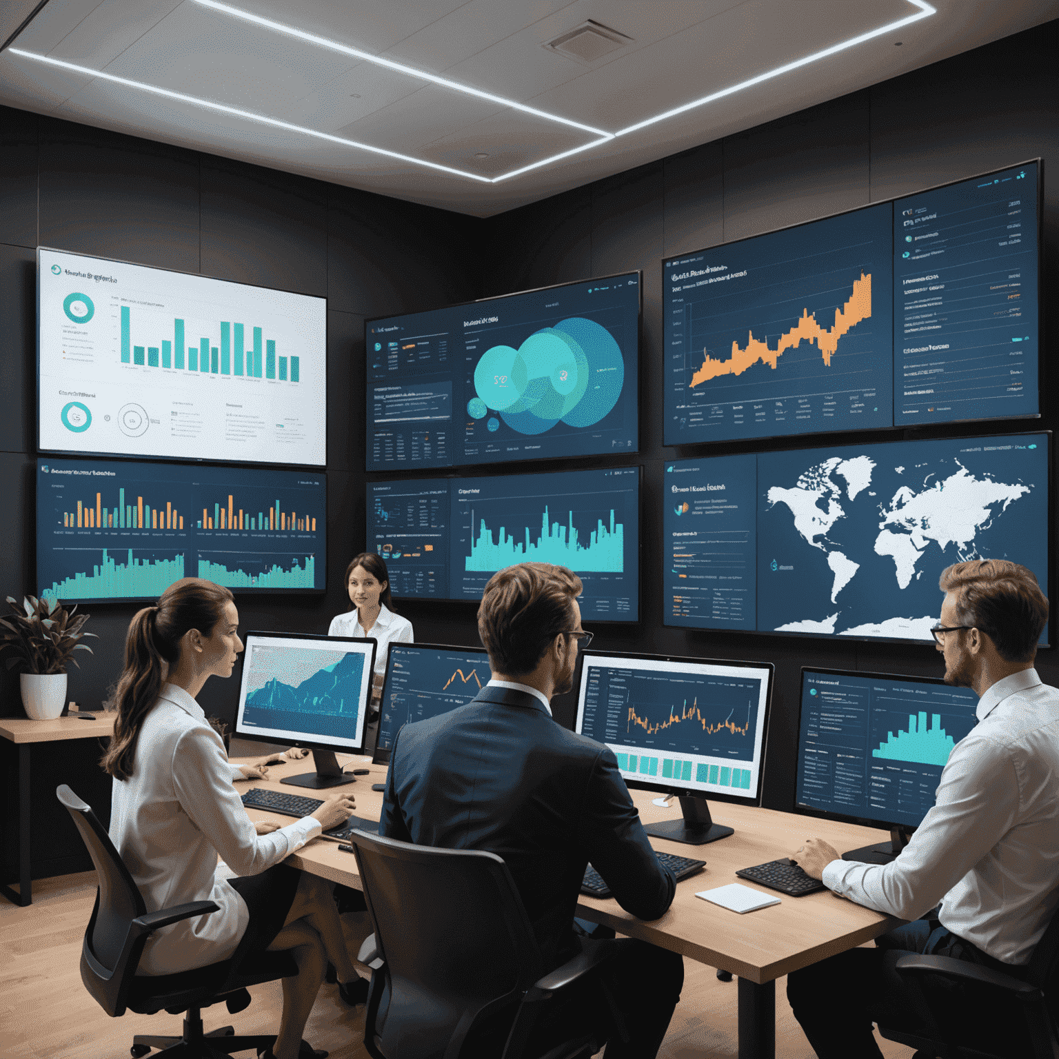 Business professionals analyzing data on large screens, discussing strategy based on visualized insights