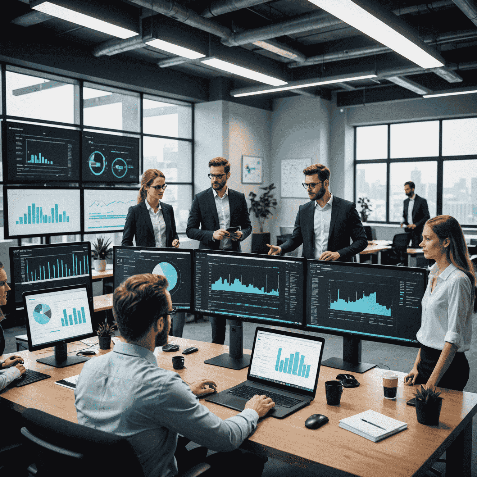 A team of data analysts and business consultants collaborating in a modern office environment, analyzing multiple screens displaying advanced data visualizations and predictive models.