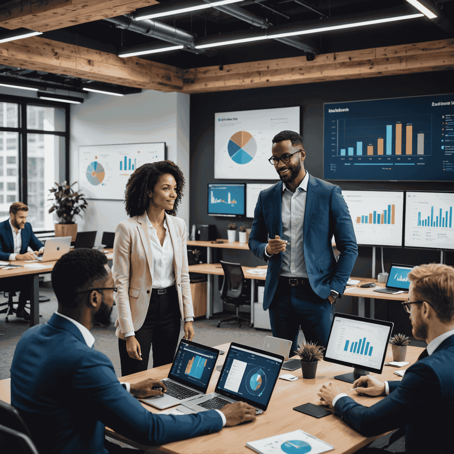 A diverse team of business intelligence professionals collaborating in a modern office setting, surrounded by data visualizations and analytics tools.