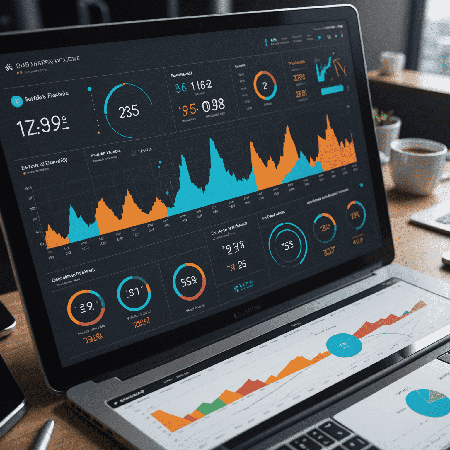 Futuristic interface showing predictive analytics dashboard with trend lines, forecasts, and probability distributions