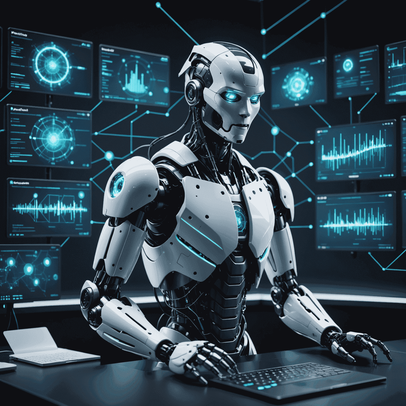 An image showing a robot or AI entity analyzing multiple screens of business data, with glowing connections between data points, representing AI-powered business analytics.