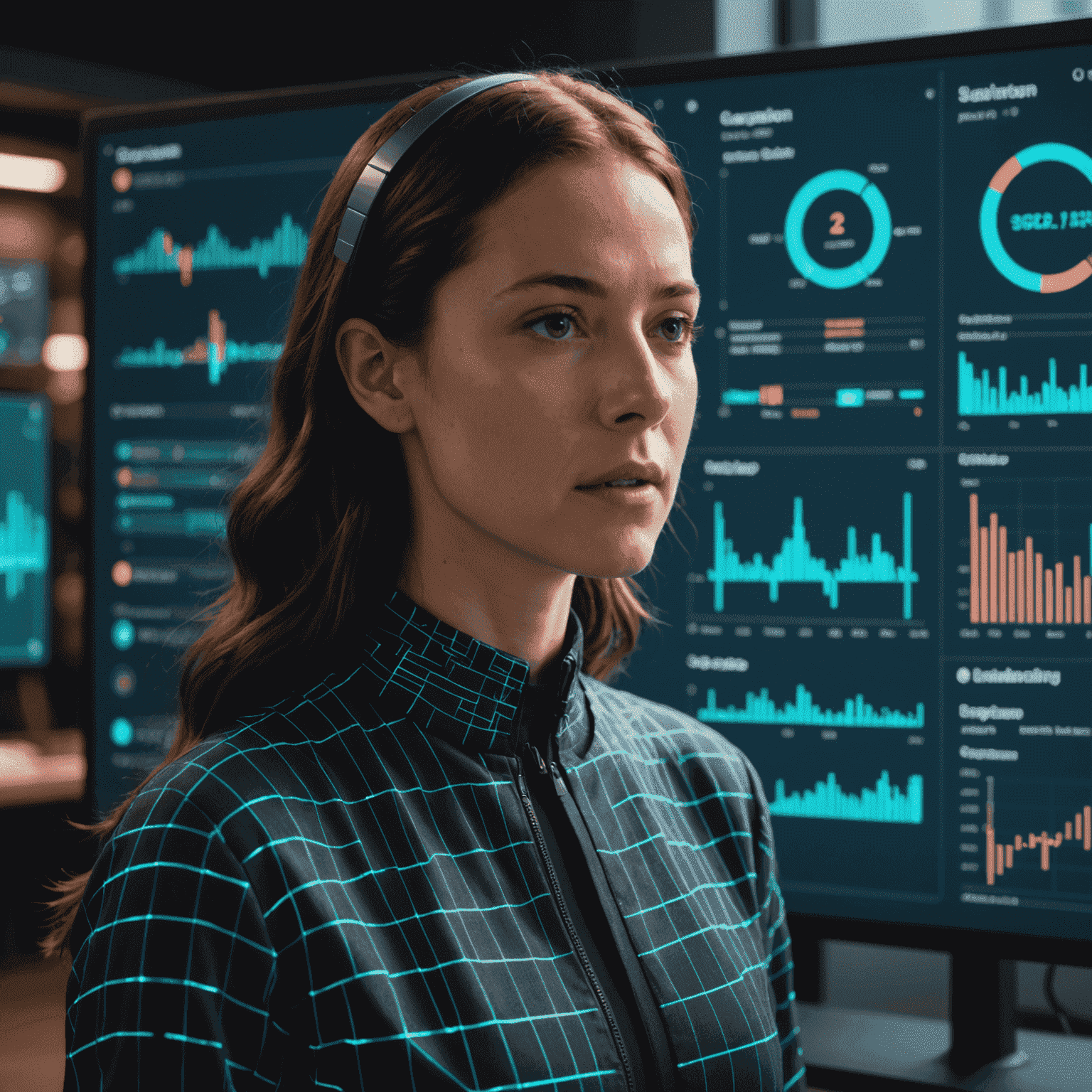 A person using a voice-activated data visualization system, with holographic charts and graphs appearing in response to spoken queries